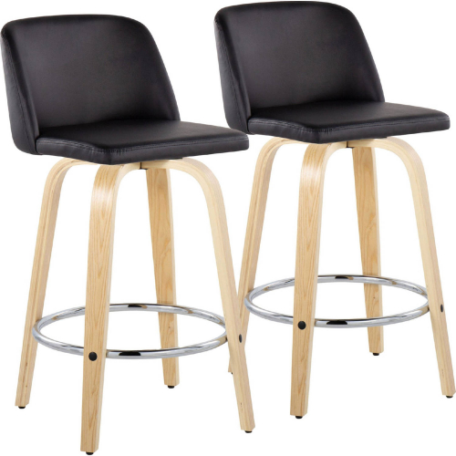 Toriano 26" Swivel Counter Stool in Natural Wood & Black Leatherette with Chrome Footrest (Set of 2)